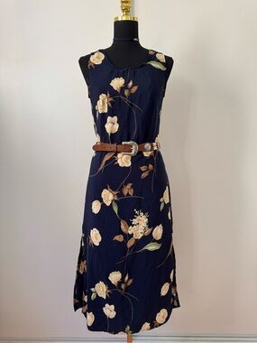 Navy Floral Sleeveless Midi Dress